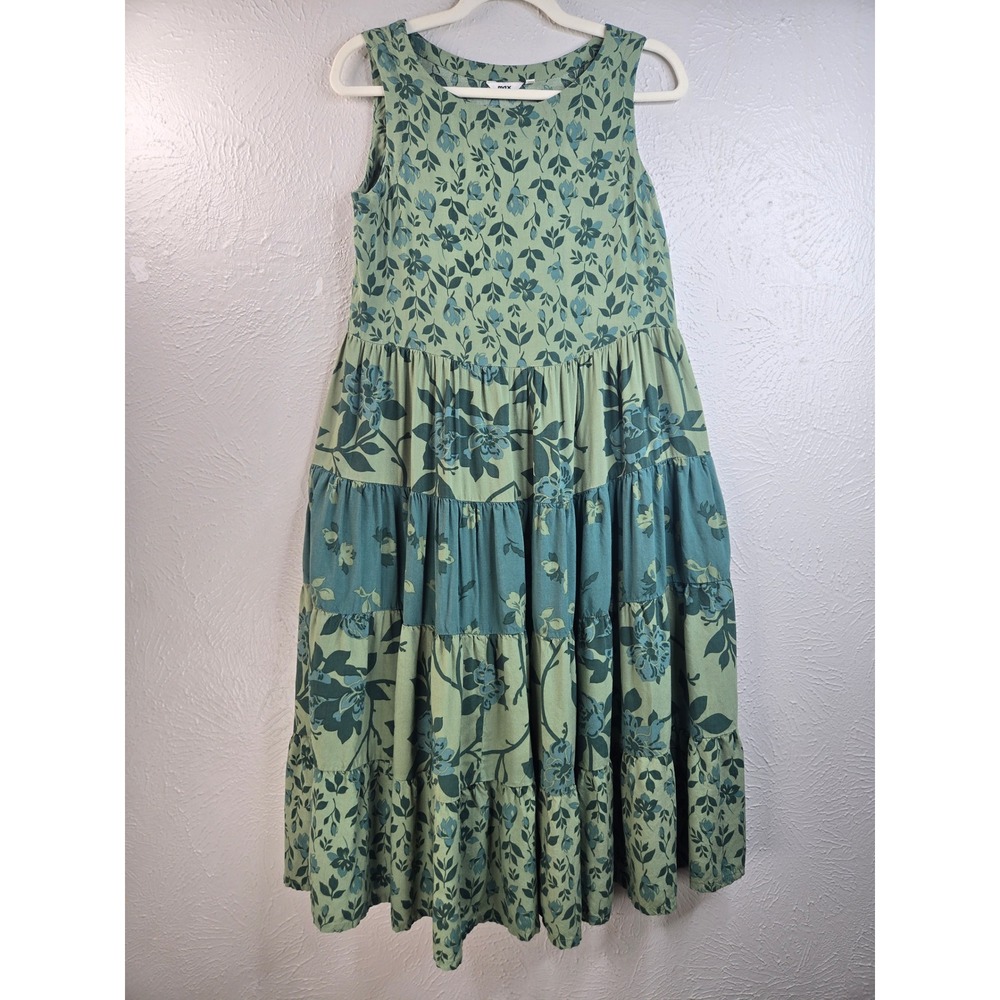 Tiered Midi Dress S Green Garden Botanical Floral Print Sleevelessβ Cottagecore